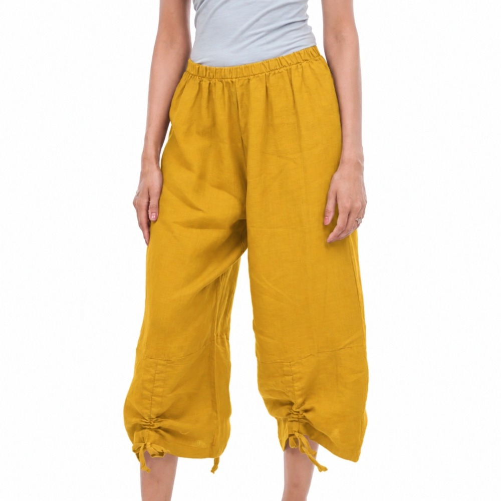 Bryn Walker Yellow Linen Ruched Balloon Leg Crop Wide Leg Pants Lagenlook Medium